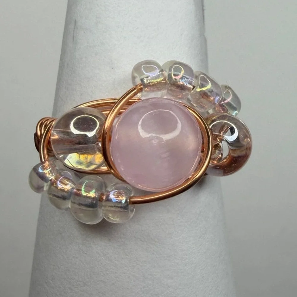 Pink Selenite ring copper handmade colored gemstone size 8